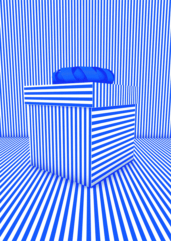 An animation of a 3D render featuring a blue and white striped box in a matching striped room. A blue, textured object sits inside the box, which subtly shifts its lid.