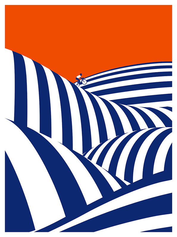 An illustration of a person riding a bicycle across a landscape of rolling, blue and white striped hills. The scene is set against a solid, bright orange sky.