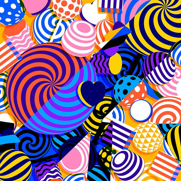 A vibrant 3D render of overlapping geometric shapes and spheres. The composition is filled with bold colours and contrasting patterns, including stripes, polka dots and spirals.