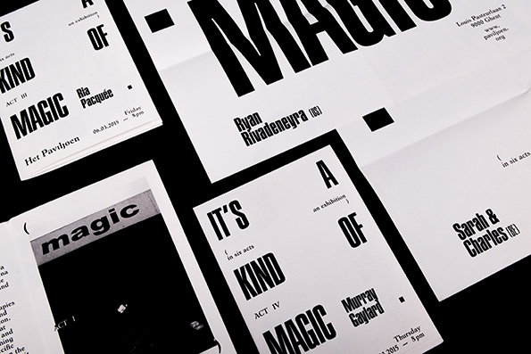 A collection of black and white exhibition posters and booklets scattered across a dark surface. The bold typography features the words “It’s a kind of magic” alongside names such as “Murray Gaglard” and “Ria Pacquée”.