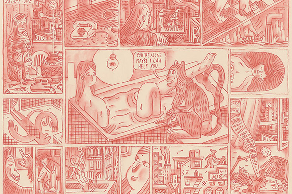 A red ink illustration of a comic strip with various panels. In the central panel, a person sits in a bathtub while a monkey looks on, with a speech bubble reading “YOU’RE ALONE. MAYBE I CAN HELP YOU...”.