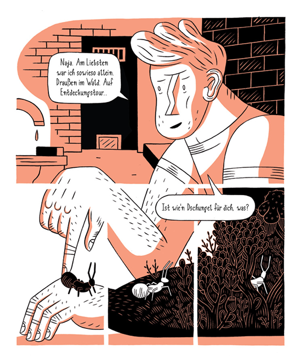 A comic strip illustration in orange, black and white. A person speaks in a speech bubble, while below, a small insect crawls across their hand and into a dense thicket of foliage.