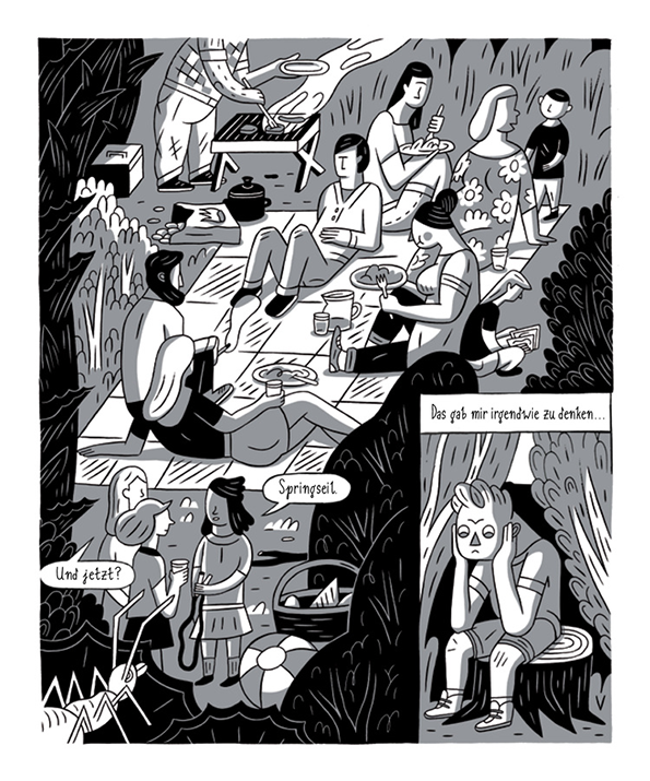 A black and white comic strip showing a group of people at a picnic in the woods. In the top panel, people eat and chat on a blanket while someone grills food. The bottom panels show two people talking, with a speech bubble reading “Und jetzt?” and another saying “Springseit.”. To the right, a person sits alone on a tree stump, looking sad, with a caption that reads “Das gab mir irgendwie zu denken...”.
