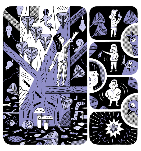 An illustration in purple, black and white. A person stands in a surreal forest of geometric plants and floating shapes, while a series of comic panels to the right show them interacting with strange creatures.
