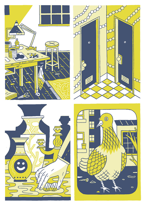 An illustration in yellow, blue and white divided into four panels. The scenes show a messy studio, two closed doors, a hand shaping a clay pot, and a close-up of a pigeon.