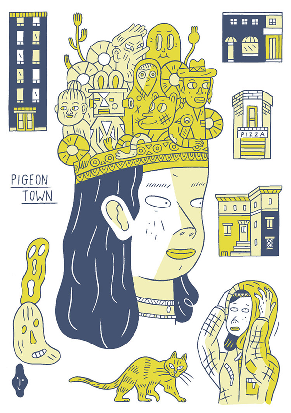 An illustration in yellow, navy and white. A central figure wears a crown topped with a crowd of small people and creatures, while the words “Pigeon Town” appear to the left. Surrounding the figure are various buildings, a cat and a person wearing headphones.