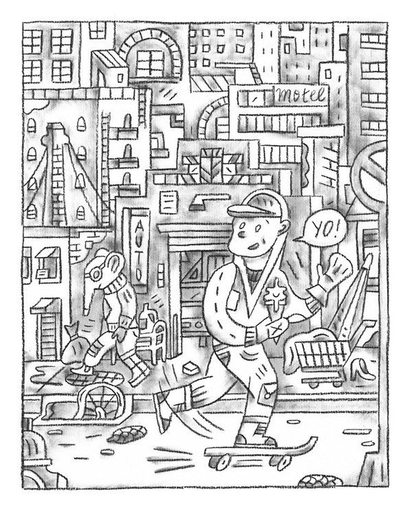 A black and white illustration of a person on a skateboard, holding an ice cream and waving. A mouse in a sweater walks behind them through a dense, cluttered city of buildings and a “motel”. A speech bubble next to the person reads “YO!”.
