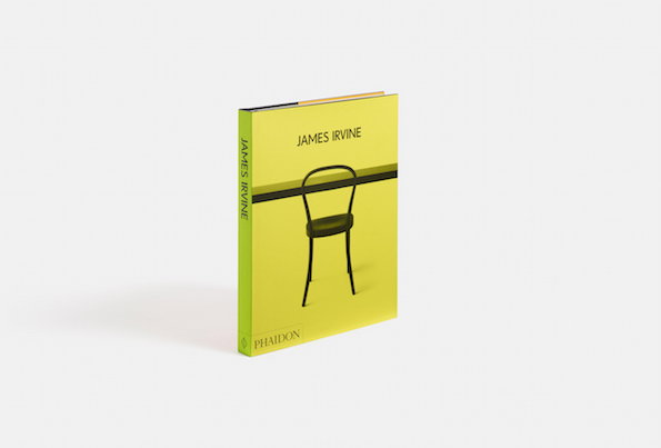 A lime green book cover features a black chair positioned against a horizontal black line. The text “James Irvine” appears at the top and on the spine, with “Phaidon” at the bottom.