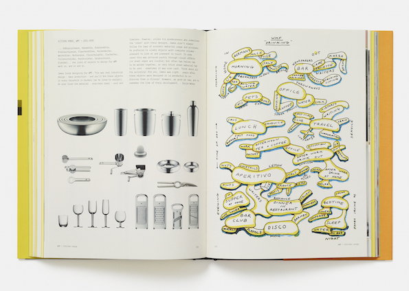 An open book shows a product catalogue on the left and a hand-drawn mind map on the right. The left page displays a collection of stainless steel kitchenware, including bowls and graters. The right page features a yellow and blue diagram titled “VMF DRINKING”, mapping out different times and locations for drinking.