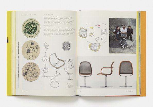 An open book showing a layout of text, sketches and photographs. The pages feature design studies and photos of three mid-century modern chairs with curved wooden frames and mesh seats.