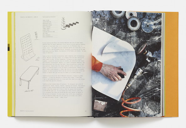 An open book showing a layout of text and images. The left page features a list of designers and sketches of furniture, while the right page shows a close-up of a person working with a tool on a white circular object.