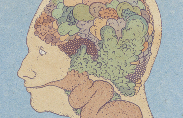 An illustration of a person’s head in profile, with the skull filled with colourful, cloud-like shapes. A similar organic form emerges from their mouth, curling back towards the ear.