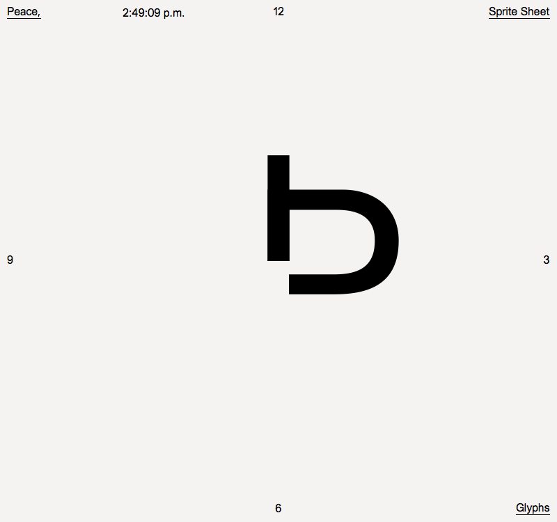 A bold, black lowercase “b” is centred on a plain white background. The letter is stylised with a gap in the bottom curve, surrounded by small labels including “Peace,” “Sprite Sheet” and “Glyphs”.