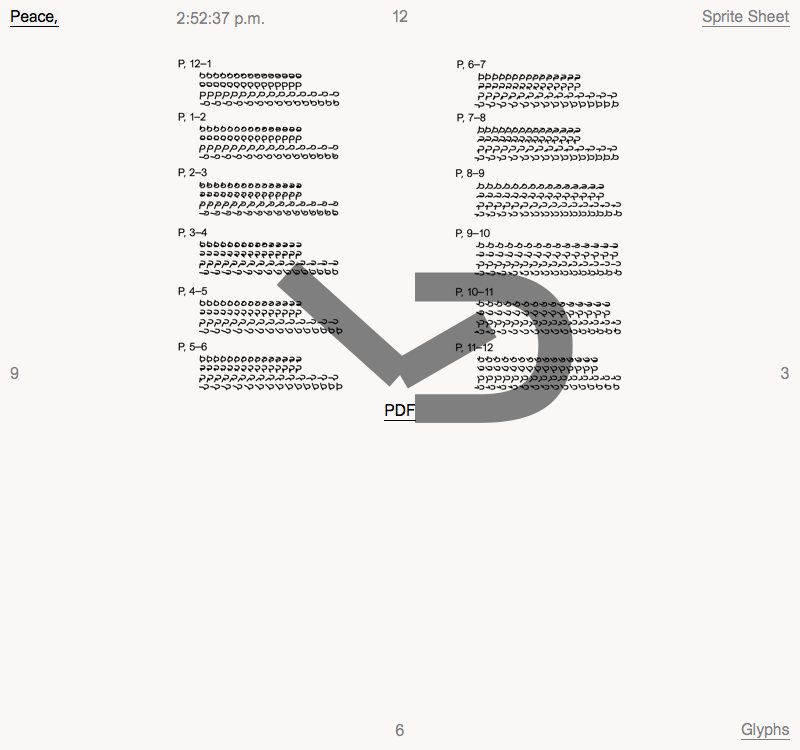 A document layout showing two columns of text and symbols. Each entry begins with a page reference, such as “P, 12–1”, followed by several lines of abstract, repetitive glyphs.