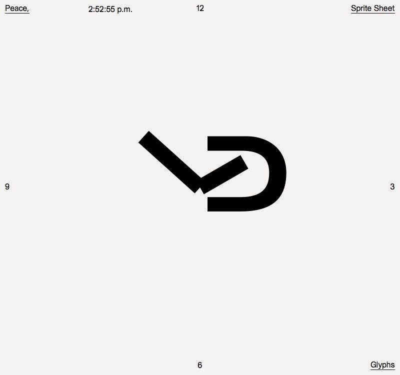 A black abstract logo consisting of a sharp V-shape joined to a rounded U-shape on a white background. Small text around the edges reads “Peace,” “2:52:55 p.m.” “12” “Sprite Sheet” “9” “3” “6” and “Glyphs”.