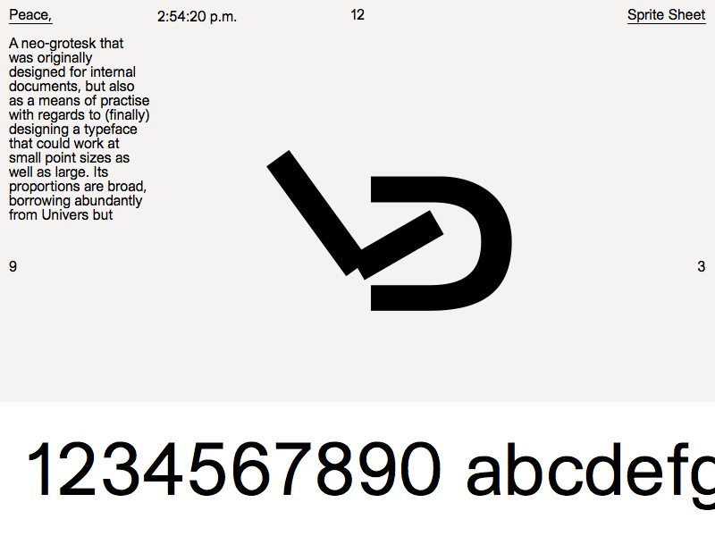A typographic specimen sheet featuring a bold, black abstract logo in the centre. Below the logo, a sequence of numbers and lowercase letters is displayed in a clean, sans-serif typeface.