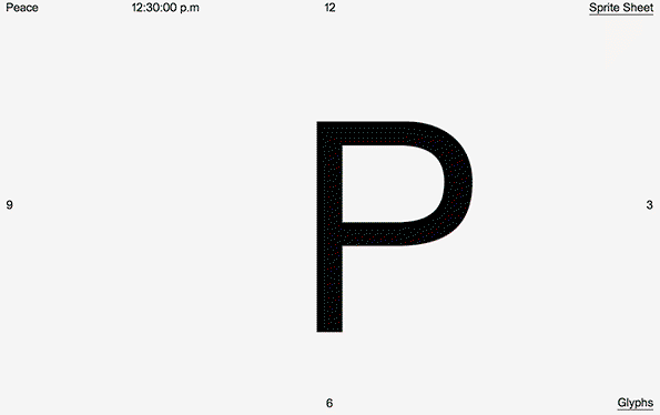 An animation in which a bold black glyph morphs into different abstract shapes against a white background. The screen includes a clock and the words “Peace”, “Sprite Sheet” and “Glyphs”.