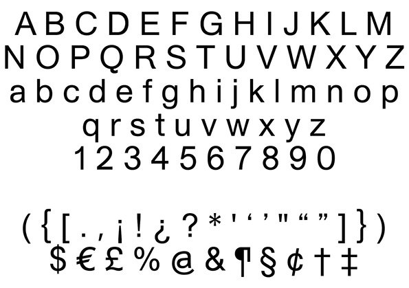 A specimen of a clean, sans-serif typeface. It shows the full alphabet in uppercase and lowercase, numerals from 0 to 9, and a variety of punctuation and currency symbols.
