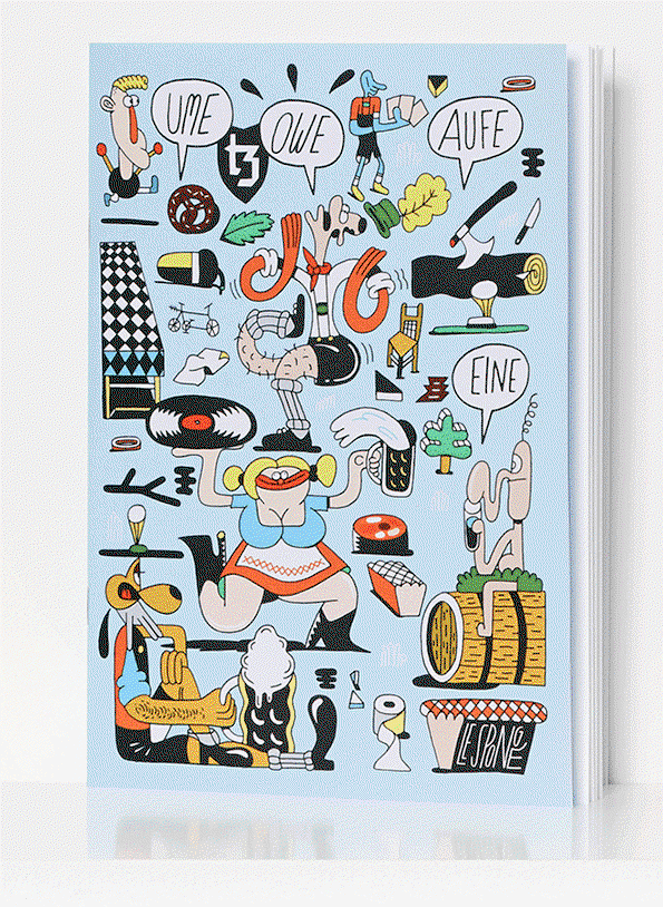 An animation of a light blue book cover in which a dense collage of cartoon figures and objects disappears, leaving only a single figure holding a vinyl record. The final frame shows the brand “Fyfy” and credits for illustrator Sebastian Schwamm.
