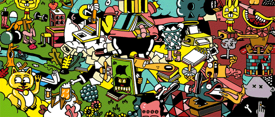 An animation of a dense, colourful illustration featuring a chaotic array of surreal characters and objects. The figures and shapes shift and morph subtly across the frame.