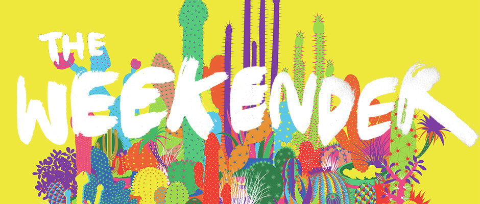 An illustration of a variety of colourful, stylised cacti and succulents against a bright yellow background. Bold white text across the centre reads “The Weekender”.