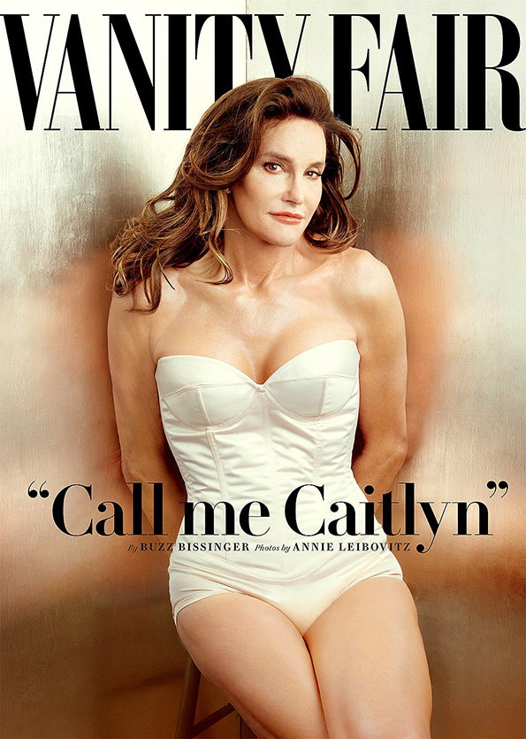Caitlyn Jenner poses for a Vanity Fair cover, wearing a white strapless corset and matching briefs. The headline reads “Call me Caitlyn”, with credits for Buzz Bissinger and Annie Leibovitz below.
