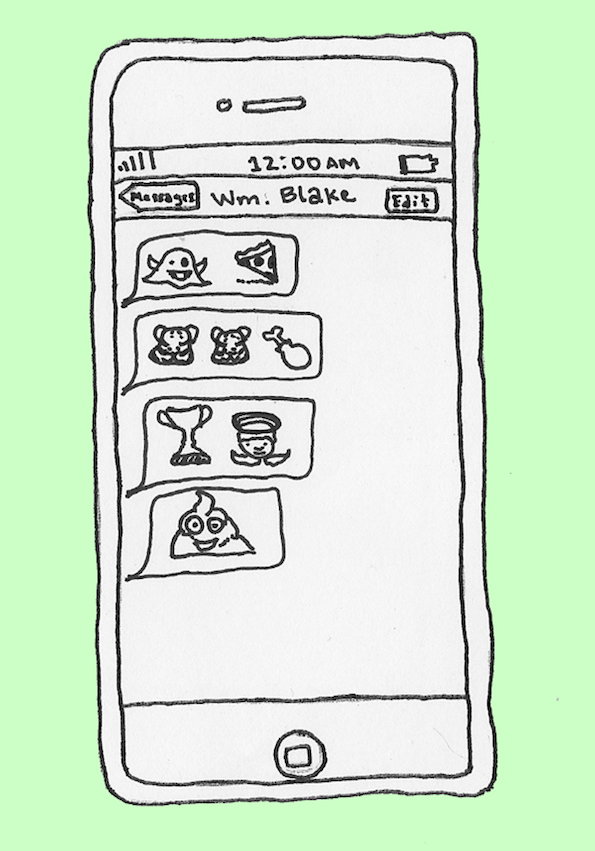 A line drawing of a smartphone against a pale green background. The screen shows a messaging app with the name “Wm. Blake” and a series of cryptic, hand-drawn symbols in speech bubbles.