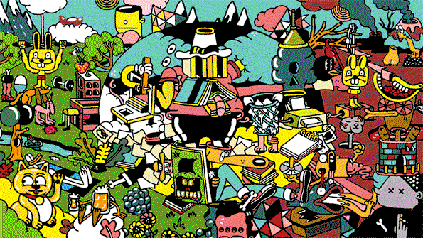 An animation of a dense, colourful illustration featuring a chaotic array of surreal characters and objects. The figures and elements shift and flicker with subtle, jittery movement.