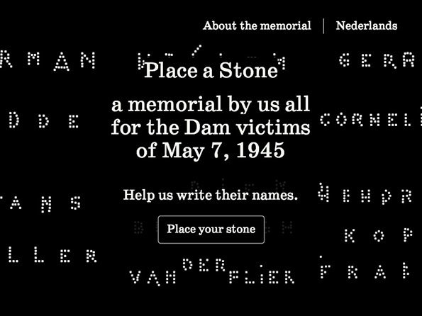 A black screen with white text reads “Place a Stone: a memorial by us all for the Dam victims of May 7, 1945”. Below this, a call to action reads “Help us write their names” above a “Place your stone” button. Faded, dotted names are scattered across the background.