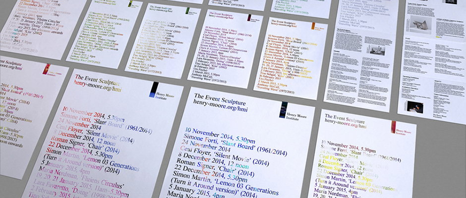 A grid of white exhibition cards laid out on a grey surface. Each card features the title “The Event Sculpture” and a list of dates, names and artworks.