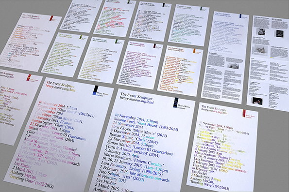 A collection of white printed leaflets are spread across a grey surface. The leaflets feature lists of dates and names, including the header “The Event Sculpture henry-moore.org/hmi”.