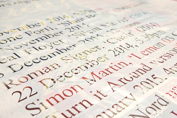 A close-up, angled shot of a printed list of names and dates. Legible text includes “Roman Signer”, “22 December 2014”, and “Simon Martin”.