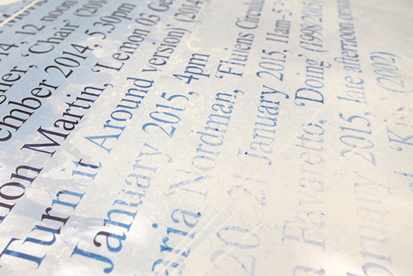 A close-up, angled shot of a list of events printed in blue ink on a translucent surface. Legible text includes “Turn it Around version”, “January 2015, 4pm” and “Doing (1998 2015)”.