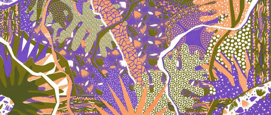 An illustration of a dense, abstract landscape in shades of purple, olive green and orange. Stylised organic shapes and patterns suggest foliage and terrain, interwoven with flowing white lines.