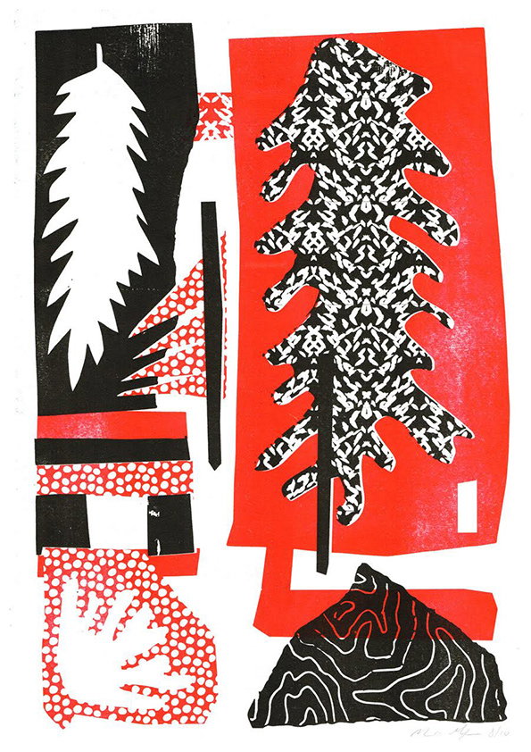 A bold print in red, black and white featuring stylised, abstract foliage. A large, patterned leaf shape dominates the right side against a red background, while a white leaf sits within a black block on the left.