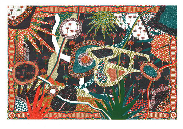 A detailed painting of a dense, abstract landscape filled with organic shapes and patterns. Vibrant reds, greens and oranges contrast against a black background, featuring dotted textures and swirling lines.