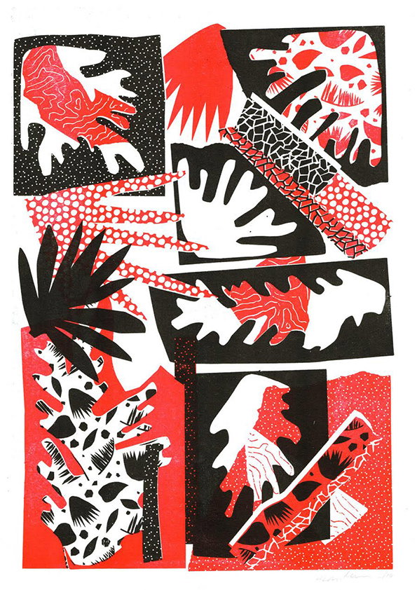 An abstract collage in red, black and white. The composition features a mix of organic, leaf-like shapes and geometric blocks filled with dots and patterns.