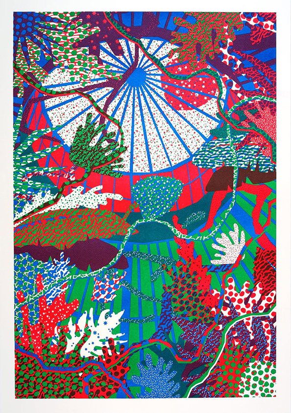 A vibrant illustration of a dense, psychedelic landscape filled with organic shapes and patterns. A large, white radial sunburst sits at the centre, surrounded by layered foliage in red, green, blue and purple.