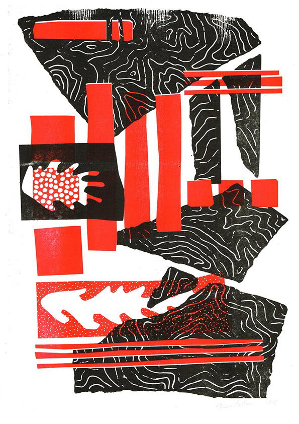 An abstract collage in red, black and white. Jagged black shapes with white contour lines are layered with bold red rectangles and dotted patterns.