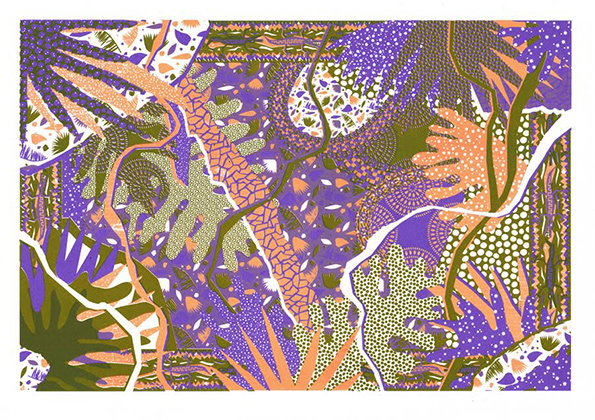 An illustration of a dense, abstract jungle filled with overlapping organic shapes and patterns. The composition uses a palette of purple, olive green and orange, with intricate details like dots and scales.