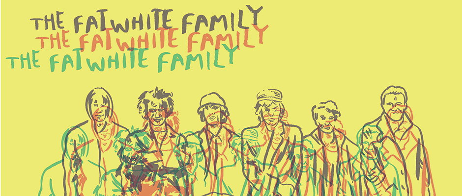 An illustration of six people standing side by side against a yellow background. Above them, the words “THE FATWHITE FAMILY” are repeated three times in a loose, hand-drawn style.