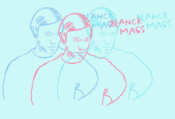 An illustration of three figures in a row, rendered in simple blue and red line work against a light blue background. The words “Blanck Mass” are repeated in a staggered, handwritten style across the top right.