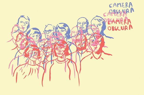 An illustration of a group of people, rendered in overlapping red and blue line drawings on a pale yellow background. The text “Camera Obscura” is repeated three times in the top right corner in blue, pink and red.