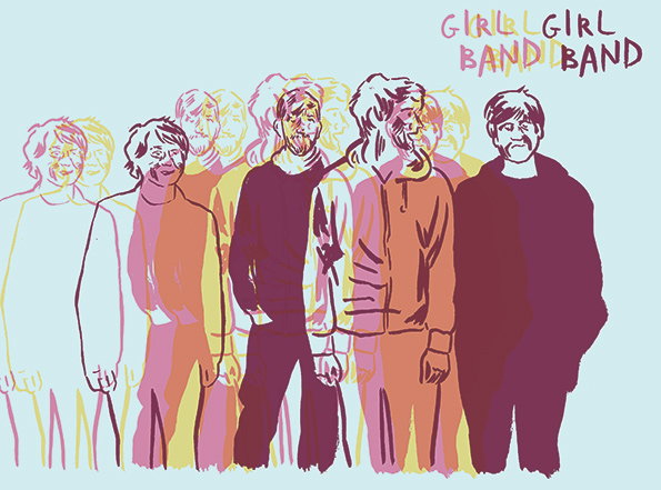 An illustration of a person standing in a line, repeated several times to create a sense of motion. The figures are rendered in overlapping layers of pink, yellow and deep purple against a pale blue background. In the top right, hand-drawn text reads “GIRL BAND GIRL BAND”.