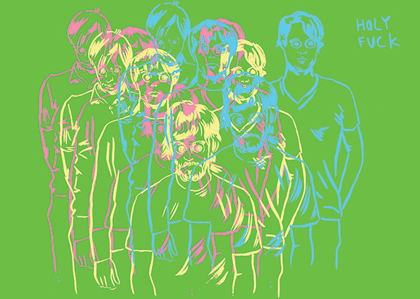 An illustration of a group of people rendered in overlapping, neon-coloured outlines against a bright green background. The handwritten text “HOLY FUCK” appears in the top right corner.