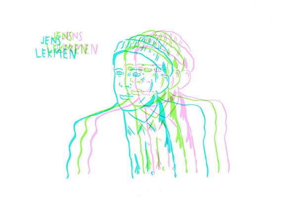 An illustration of a person wearing a beanie, rendered in vibrating lines of cyan, magenta and lime green. To the left, the name “ Jens Lekman ” is repeated in the same three colours.