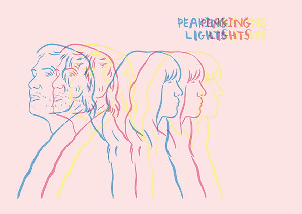 An illustration of two people in profile against a pink background. Their outlines are repeated in blue, red and yellow, creating a blurred, vibrating effect. In the top right, the words “Peaking Lights” are repeated and layered in the same colours.