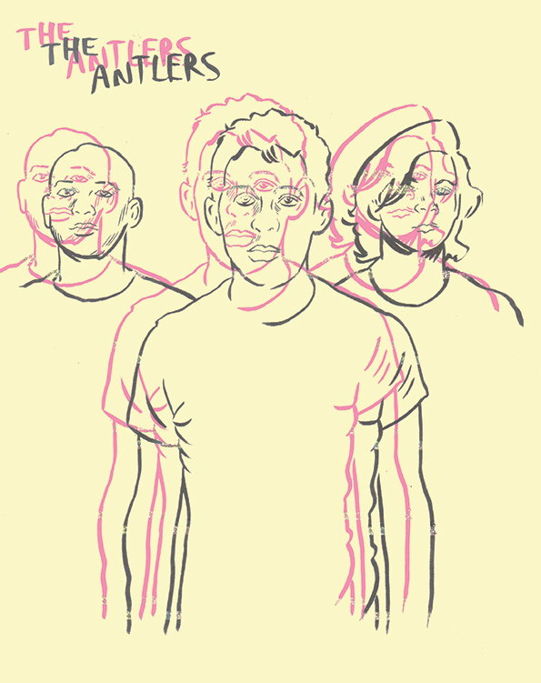 An illustration of three figures on a pale yellow background, drawn with overlapping black and pink lines. The text “The Antlers” appears in the top left corner in a stylised, handwritten font.