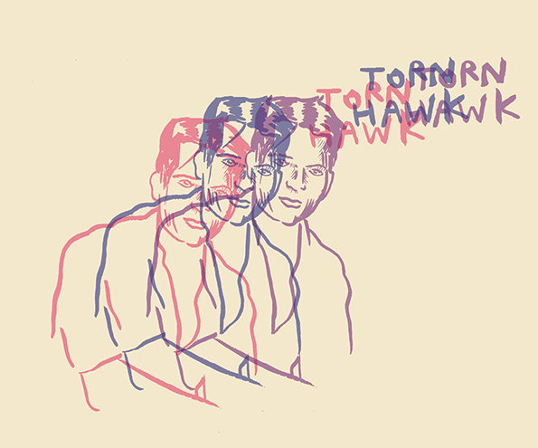 An illustration of a person’s face and torso, repeated three times in a staggered, overlapping effect. The figures are rendered in simple red and blue outlines on a cream background, with the words “TORN HAWK” repeated in the same colours.