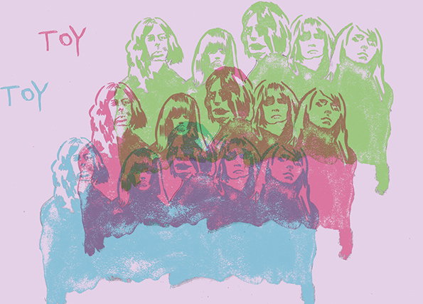 A screen print of a group of people, repeated in three overlapping layers of green, pink and blue. The figures are stylised with high contrast and set against a pale pink background. The word “TOY” appears twice in a handwritten style on the left.